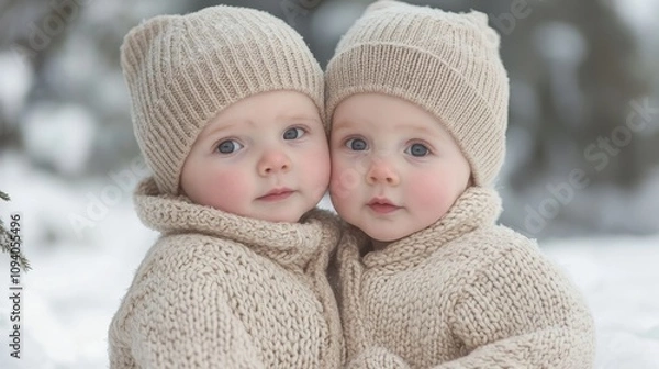 Fototapeta Finnish Twins Embracing Winter: Serene Sibling Connection in Cozy Knitwear Against Snowy Backdrop