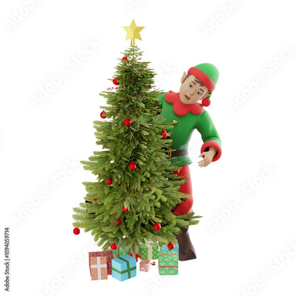Fototapeta Christmas-Themed Kids Elf 3D Model. A Male  Kids Elf stands behind the Christmas tree, with a smiling expression. Cartoon Character