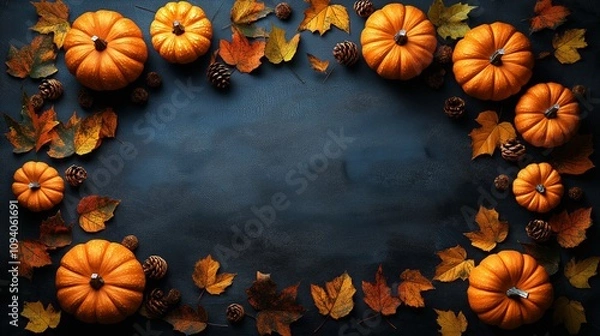 Obraz Autumn card featuring pumpkins and colorful leaves set against a dark background for Thanksgiving Day celebration