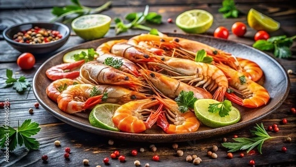 Fototapeta Tasty Shrimp and Prawns on a Plate - A Delicious Seafood Meal Ready to Savor, Perfectly Positioned with Copy Space for Food Blogs and Culinary Presentations