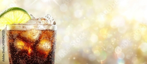 Fototapeta A refreshing drink with ice and a lime wedge, set against a sparkling background.