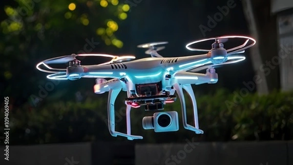 Fototapeta Night Shot of a Modern Drone with LED Lights in Action