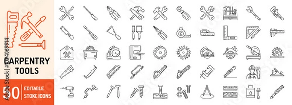 Fototapeta Carpenter Tools collections editable stroke outline web icons set. Carpenter, tools, saw, hammer, screwdriver, driller, wrench, screwdriver, bolt, nut and more... Vector illustration