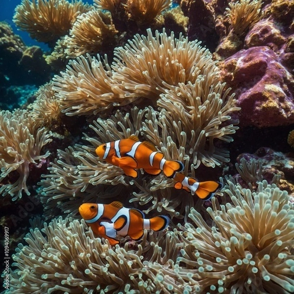 Fototapeta A school of clownfish darting between anemones in vibrant coral surroundings.
