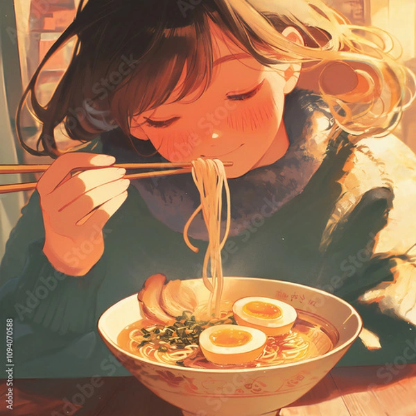 Obraz ラーメンを食べる女の子、アニメ風