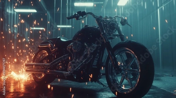 Fototapeta Custom Motorcycle in Industrial Workshop with Sparks