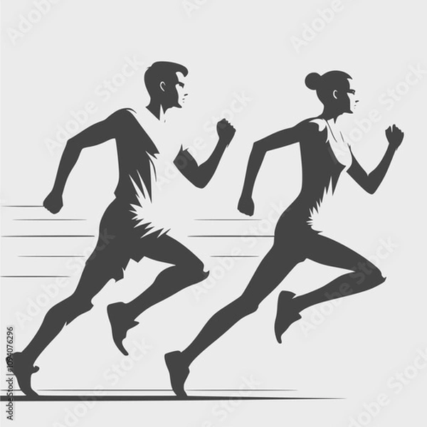 Obraz Running man and woman, isolated vector silhouettes. Run, side view. Silhouettes of athletic looking male and female runners running.
