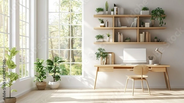 Fototapeta A clean and organized office space with a large window and a wooden desk
