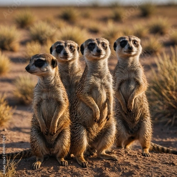 Fototapeta A family of meerkats standing upright and scanning the horizon in a dry savannah.