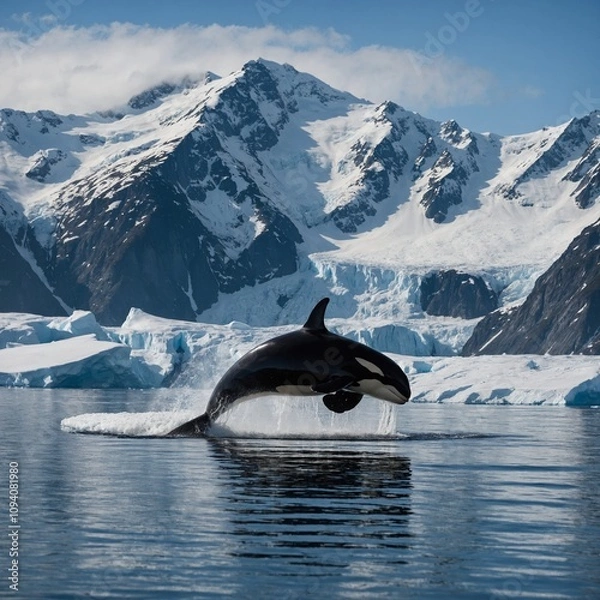 Fototapeta An orca breaching the surface of an icy fjord surrounded by snow-capped mountains.