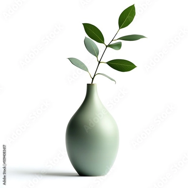 Fototapeta A modern, minimalist vase holds a slender branch with vibrant green leaves, emphasizing simplicity and elegance in design.