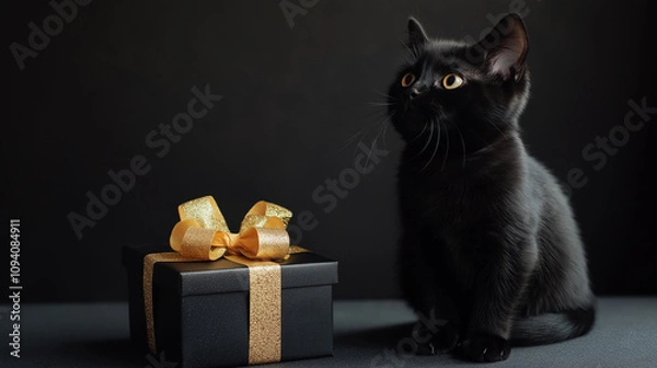 Fototapeta A cute black cat wearing a large gold bow, against a dark background. Ideal for Black Friday or holiday promotions.