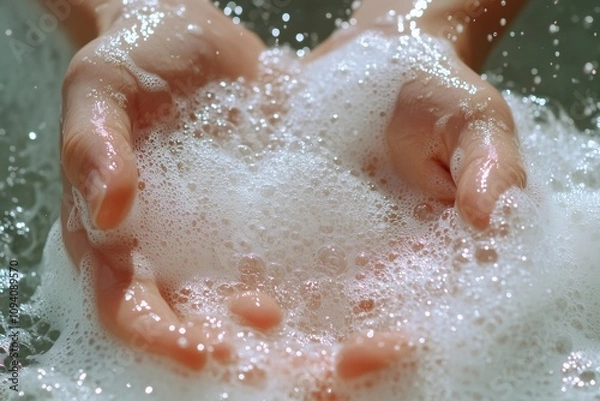Fototapeta A close-up of hands cupping bubbly soap, illustrating cleanliness and the importance of washing.