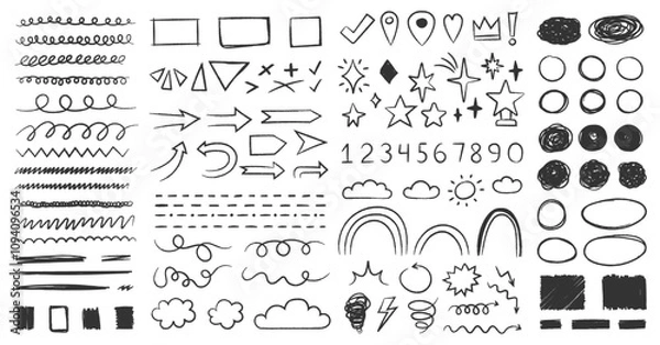 Fototapeta Chalked hand drawn doodles, scribbles and sketch elements - arrows, lines, stars, shapes, clouds, circles, numbers and other symbols