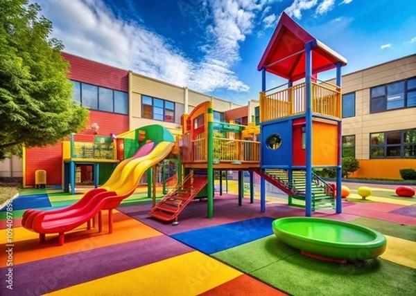 Fototapeta Vibrant Playground Slides in a School Setting: A Colorful Architectural Design for Children’s Recreation and Learning Environments