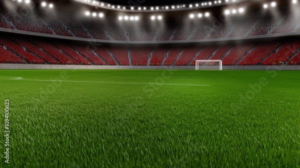 Fototapeta 3D rendering of empty soccer stadium featuring vibrant green grass, bright stadium lights, and red seating. atmosphere is ready for exciting match