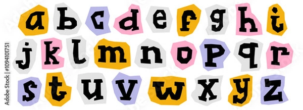 Fototapeta Cut out paper alphabet collection. Colorful serif lower case letter collage set. Craft doodle kid font elements bundle for decoration, poster, banner, print. Ransom style lowercase abc pack. Vector 