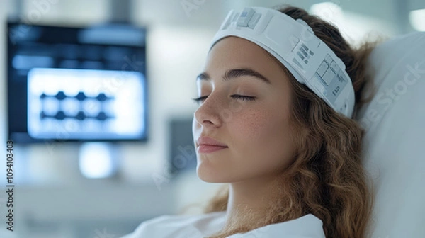 Fototapeta sleep technician calibrates advanced EEG equipment while patient relaxes. serene environment emphasizes importance of sleep studies in understanding brain activity