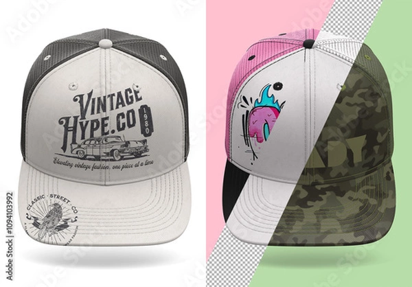 Fototapeta 6-Panel Trucker Cap Mockup – Front-Facing Photoshop Template for Custom Artwork with Object Layer