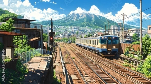 Fototapeta Colorful train arriving near picturesque mountains and lush greenery.