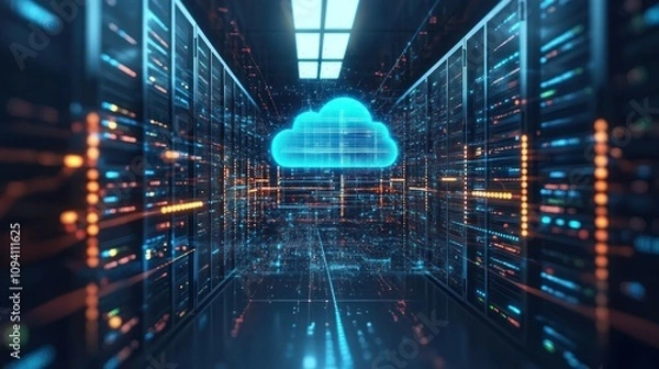 Fototapeta A business migrating its IT infrastructure to a hybrid cloud system, with real-time data transfer, network scaling, and system monitoring visualized digitally