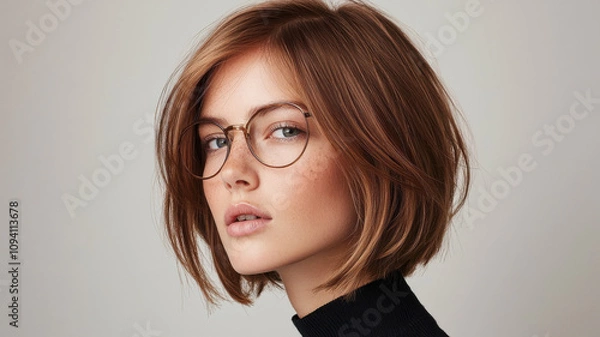 Fototapeta woman with sleek and straight chin length bob cut, wearing glasses and black turtleneck, gazes confidently. Her hairstyle is modern and stylish, complementing her overall look