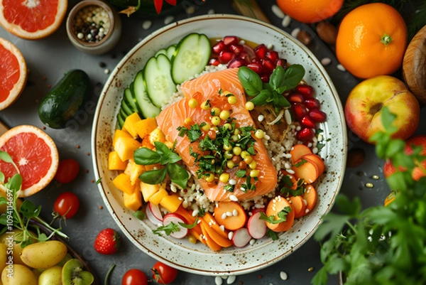 Obraz A beautiful spread of food and fresh fruits and vegetables on a table, showcasing a colorful array of natural foods and ingredients for a delicious recipe