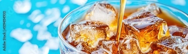 Obraz Refreshing iced cold brew coffee with caramel syrup home cafe beverage creation cozy kitchen close-up view indulging in flavor