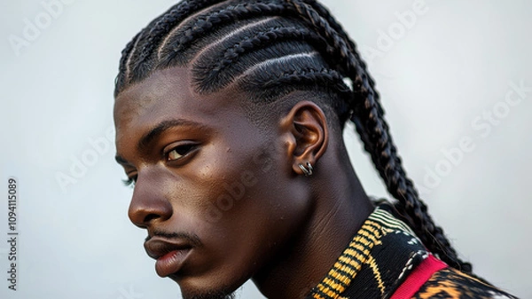 Fototapeta man with braided hairstyle and shaved sides looks confidently to side, showcasing contemporary and stylish appearance. His expression is calm and self assured