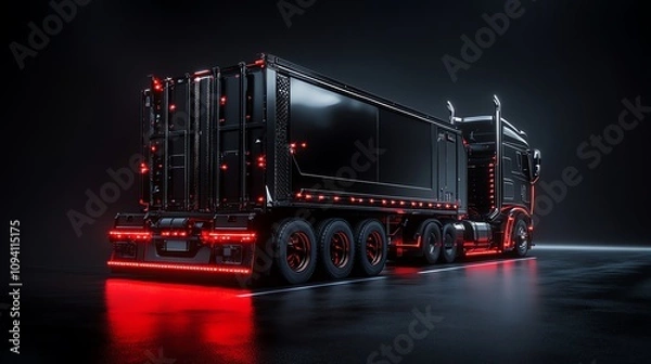 Fototapeta A black semi-trailer truck with red lights is parked on a dark road.