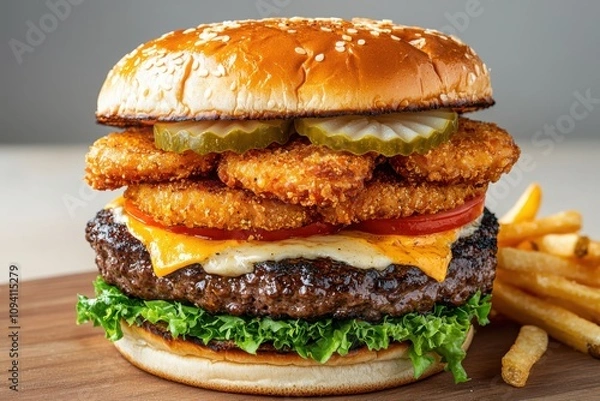 Obraz Savor the flavor juicy beef burger with melted cheddar cheese gourmet restaurant food photography bright and inviting setting close-up of deliciousness