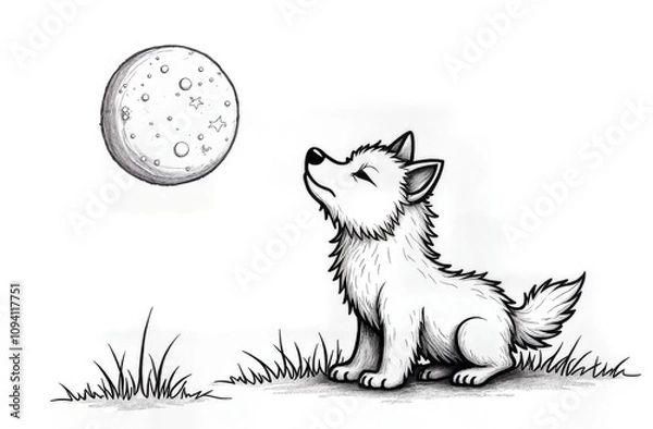 Obraz  Little Wolf Howling at Starry Moon