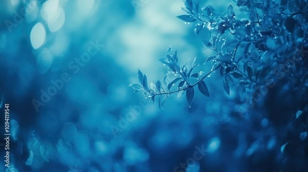 Fototapeta A blurred close-up of blue-toned leaves with droplets, creating a serene atmosphere.