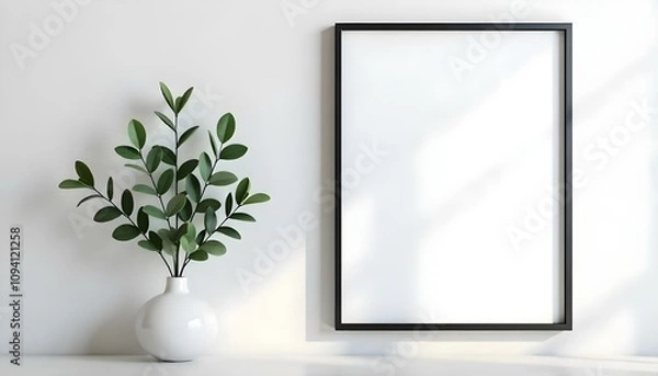 Fototapeta A white vase with green leaves on a white shelf, with a black framed empty wall art display next to it