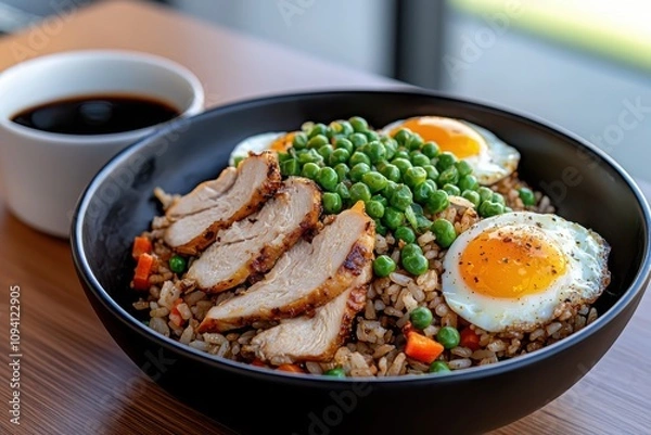 Fototapeta Delicious golden fried rice with chicken and scrambled eggs a culinary delight at home