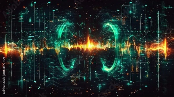 Fototapeta voice speech frequency concept. A vibrant digital visualization of sound waves with futuristic elements, featuring glowing teal and orange patterns against a dark background.