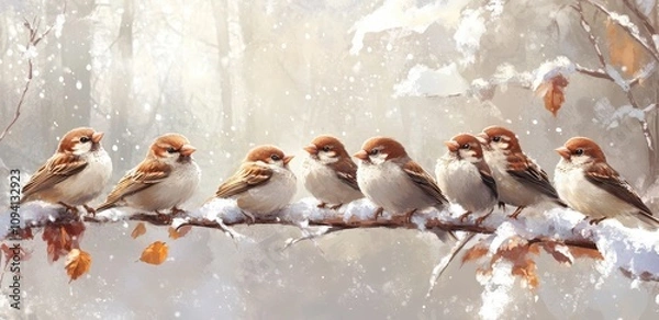 Fototapeta Flock of Cute and Playful Birds Resting Together on a Sunny Branch