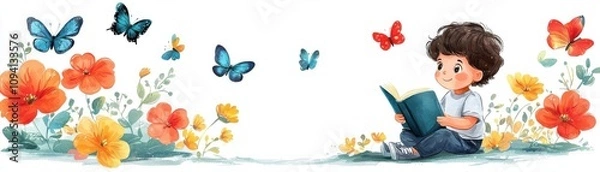 Obraz spring time inspired story cute cartoon illustration. Child reading a story about butterflies and blossoms, flat design illustration