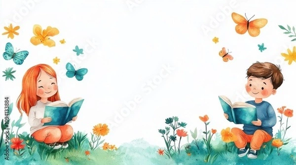 Obraz spring time inspired story cute cartoon illustration. Kids reading a spring tale about a caterpillar s transformation into a butterfly, flat design illustration