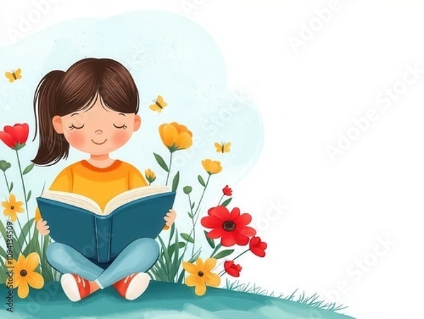 Obraz spring time inspired story cute cartoon illustration. Story time with a springthemed book about magical gardens, kids captivated, flat design illustration