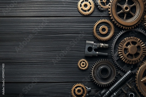 Fototapeta Gears cogwheels on a black wooden workbench background with copy space.