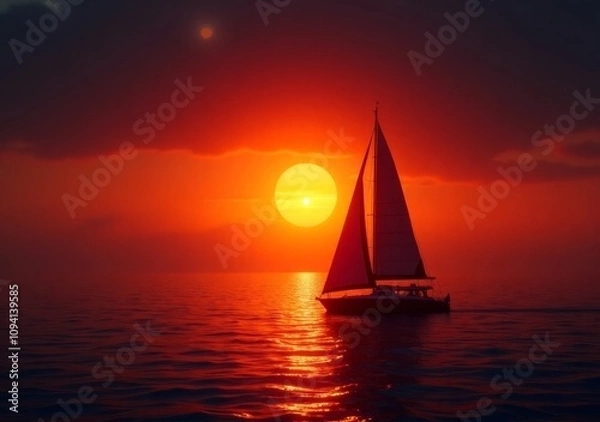 Fototapeta Sunset glow reflected on ocean waves as a sailboat glides through tranquil waters in daytime golden hour
