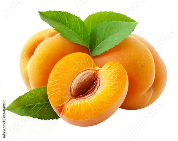 Fototapeta Three whole apricots green leaf top apricot center Delicious with leaves