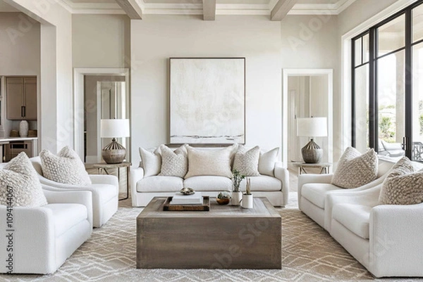 Obraz Modern living room with a light color scheme and geometric patterns