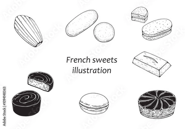 Obraz フランスの焼き菓子の線画セット