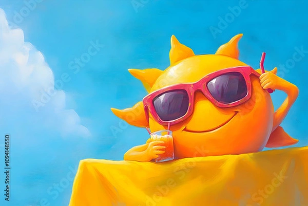 Fototapeta A cheerful sun character wearing sunglasses, enjoying a drink on a bright, sunny day.
