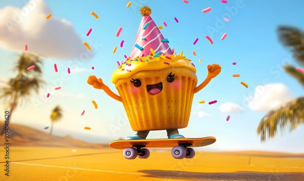 Fototapeta A cheerful cupcake character on a skateboard, celebrating with confetti in a sunny setting.
