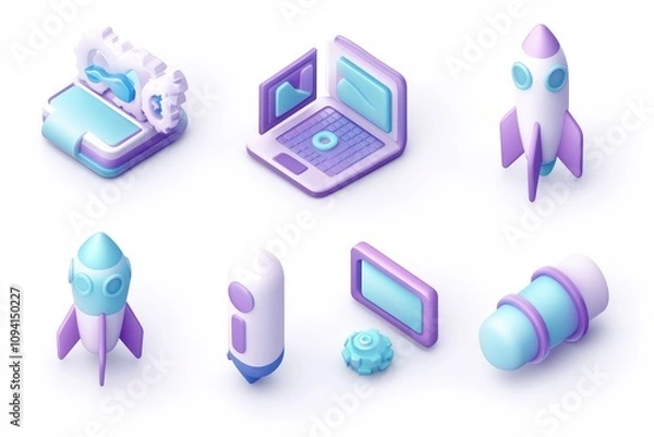 Obraz A collection of isometric technology-themed icons including rockets and a laptop.