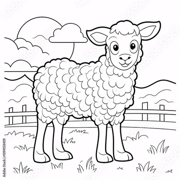 Fototapeta A happy little sheep illustration for a coloring book, featuring bold black-and-white outlines perfect for creative coloring.

