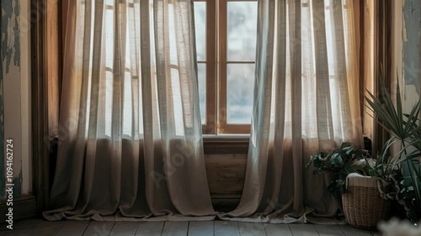 Fototapeta A tranquil scene featuring sunlight filtering through sheer curtains in an aged room, complemented by greenery and wooden floorboards.